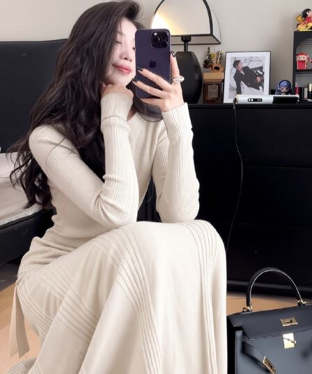 가을 겨울 새로운 프랑스식 품격 고급 센스 그는 벤 바람 절묘한 빨간색 슬림해 보이는 니트 드레스