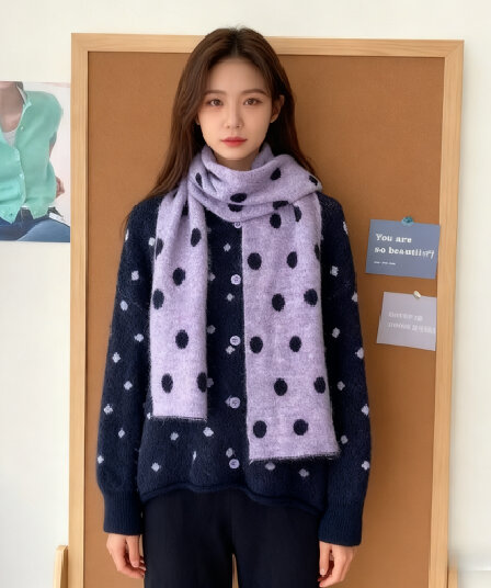 일본과 한국 부서 느긋한 바람 레트로 도트 무늬 스웨터 여성 코트 가을 겨울 백 코디 스카프 니트 오픈 가디건 투피스 슈트