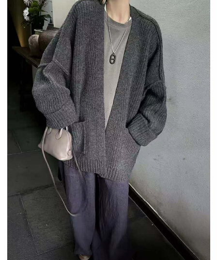 가을 겨울 새로운 프랑스식 레트로 양모 V넥 니트 오픈 가디건 여성 루즈핏 느긋한 캐주얼 질감 센스 스웨터 코트