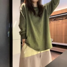 索罗娜领口显白复古墨绿提花条纹长袖简约韩版显瘦百搭T恤打底衫