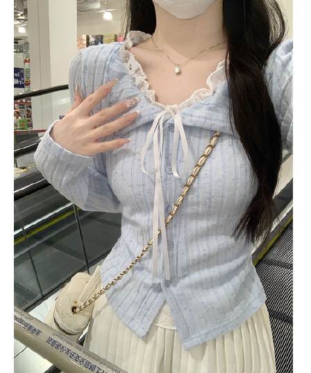 슈퍼 잘 생긴 눈꽃 기사 연삭 털 순수한 욕망 파란색 레이스 페이크 레이어드 긴팔 티셔츠 여성 가을 기본 셔츠 쇼트 스타일 맨위
