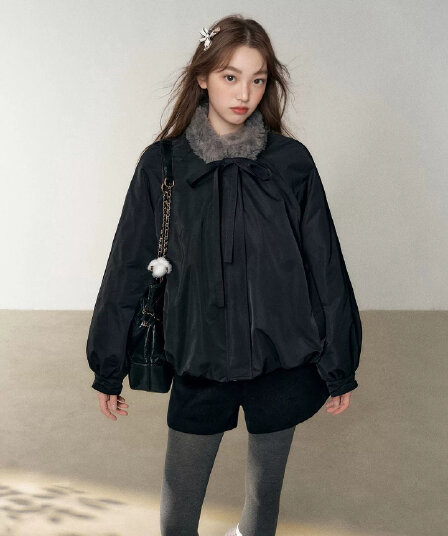 new empire26 겨울 새로운 디자인 센스 작은 대중 맨위 모피 칼라 두꺼운 검정색 꽃밭 면 의류 여성 코트