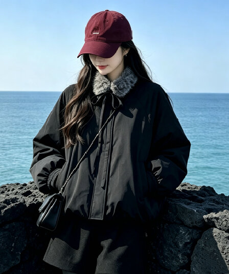 new empire26 겨울 새로운 디자인 센스 작은 대중 맨위 모피 칼라 두꺼운 검정색 꽃밭 면 의류 여성 코트