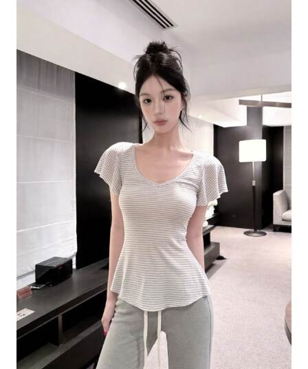 원본 주간 실크 리브 배색 스트라이프 V넥 반팔 티셔츠 여성 여름 맨위 다용도 슬림해 보이는 동정