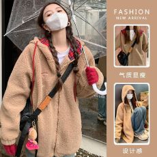 批发美式复古羊羔毛刺绣格子拼接连帽外套女秋冬新款宽松保暖卫衣开衫