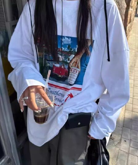 순면 이후 패키지 칼라 bm 조수 브랜드 인터넷 유명인 한국 스타일 하라주쿠 와이드 바람 소나무 맨위 캐주얼 프린트 연령 감소 긴팔 티셔츠 여성