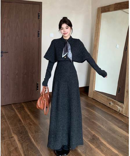 가을 겨울 2026 새로운 세트 스카프 망토 예쁜 스웨터 반신 스커트 3종 세트 패션 세트