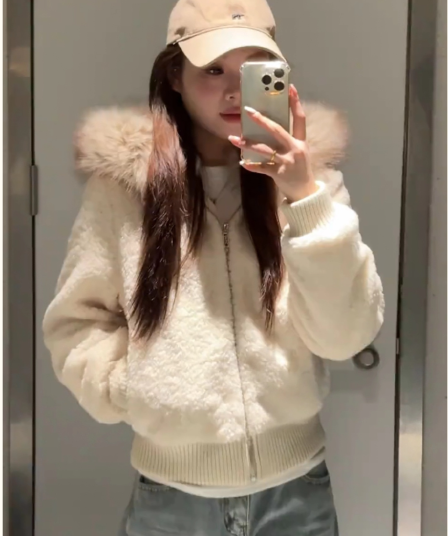 양털 털이 있는 모피 칼라 면 의류 여성 작은 키 겨울 새로운 느긋한 바람 루즈핏 쇼트 스타일 면 옷 재킷 목화 진딧물 여성