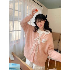 批发2026秋冬新款小个子粉色甜美针织开衫毛衣<b class='q'>蕾丝</b>蝴蝶结宽松外套上衣