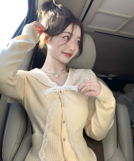 프랑스식 분위기 센스 품격 달콤함 황색 긴팔 니트 스웨터 스웨터 이른 봄 새로운 작은 키 루즈핏 기본 셔츠