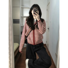 批发红色拉链条纹连帽毛衣<b class='q'>开衫</b>女春秋小个子韩系慵懒休闲外搭针织外套