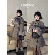 批发赫本风灰色毛呢外套女秋冬季新款<b class='q'>中长款</b>蝴蝶结呢子斗篷大衣小个子