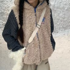 批发大喜 熊耳朵连帽马甲棉服外套女冬季叠穿宽松百搭羊羔毛棉衣潮