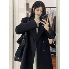 黑色赫本风毛呢外套女款秋冬加厚高级感2026新款小个子中长款大衣