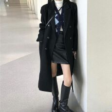 批发黑色毛呢外套女2026冬季韩版过膝赫本风呢子大衣<b class='q'>中长款</b>加棉加厚
