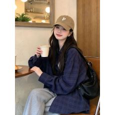 批发实价日系复古深蓝色纯棉格子<b class='q'>衬衫</b>女早秋2026新款冷淡系高级感上衣