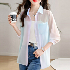 批发实拍<b class='q'>韩版</b>夏季新款女装翻领薄款防晒服基础款雪纺衫开衫衬衫衬衣