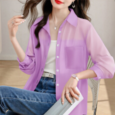 批发实拍<b class='q'>韩版</b>夏季新款女装翻领薄款防晒服基础款雪纺衫开衫衬衫衬衣