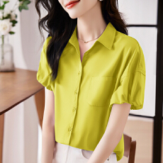 批发实拍洋气显瘦夏季新款女装短袖翻领纯色雪纺开衫衬衫打底衫衬衣