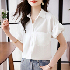 批发实拍洋气显瘦夏季新款女装短袖翻领纯色雪纺开衫衬衫打底衫衬衣