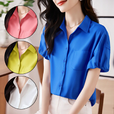批发实拍洋气显瘦夏季新款女装短袖翻领纯色雪纺开衫衬衫打底衫衬衣