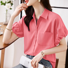 批发实拍洋气显瘦夏季新款女装短袖翻领纯色雪纺开衫衬衫打底衫衬衣