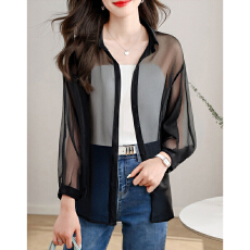 批发实拍韩版夏季<b class='q'>新款</b>女装翻领薄款防晒服基础款<b class='q'>雪纺衫</b>开衫衬衫衬衣