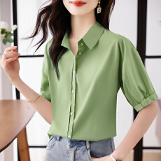 批发实拍洋气显瘦夏季<b class='q'>新款</b>女装短袖翻领纯色雪纺开衫衬衫打底衫衬衣