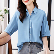 批发实拍洋气显瘦夏季<b class='q'>新款</b>女装短袖翻领纯色雪纺开衫衬衫打底衫衬衣