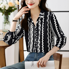 批发实拍<b class='q'>大码</b>宽松休闲花色秋季新款女装翻领雪纺上衣<b class='q'>开衫</b>衬衫打底