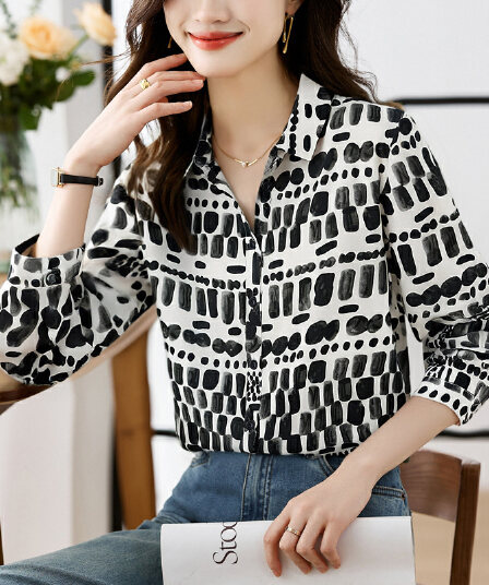 실사 빅 사이즈 루즈핏 캐주얼 꽃무늬 가을 새로운 여성 의류 폴로 칼라 쉬폰 톱 오픈 가디건 셔츠 만나는