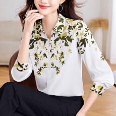 批发实拍缎面仿<b class='q'>真丝</b>秋季新款女装翻领花色雪纺衫上衣开衫<b class='q'>衬衫</b>打底<b class='q'>衬衣</b>