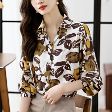 批发实拍<b class='q'>大码</b>宽松休闲花色秋季新款女装翻领雪纺上衣<b class='q'>开衫</b>衬衫打底衬衣