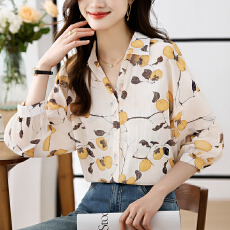 批发实拍<b class='q'>大码</b>宽松休闲花色秋季新款女装翻领雪纺上衣<b class='q'>开衫</b>衬衫打底衬衣