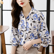 批发实拍<b class='q'>大码</b>宽松休闲花色秋季新款女装翻领雪纺上衣<b class='q'>开衫</b>衬衫打底衬衣