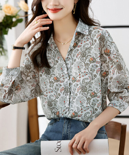 실사 빅 사이즈 루즈핏 캐주얼 꽃무늬 가을 새로운 여성 의류 폴로 칼라 쉬폰 톱 오픈 가디건 셔츠 만나는 셔츠