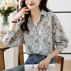 批发实拍<b class='q'>大码</b>宽松休闲花色秋季新款女装翻领雪纺上衣<b class='q'>开衫</b>衬衫打底衬衣
