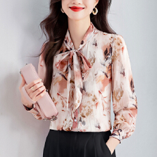 批发实拍<b class='q'>大码</b>宽松休闲花色秋季女装系带蝴蝶结雪纺上衣<b class='q'>开衫</b>衬衫衬衣