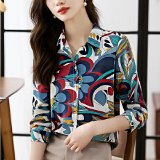 批发实拍<b class='q'>大码</b>宽松休闲花色秋季新款女装翻领雪纺上衣<b class='q'>开衫</b>衬衫打底衬衣
