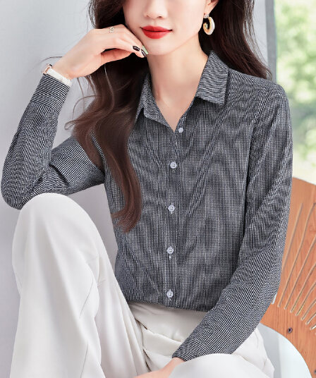 실사 외국 가스 가을 새로운 여성 의류 폴로 칼라 하운드투스 체크 쉬폰 블라우스 맨위 오픈 가디건 셔츠 기본 셔츠 셔츠