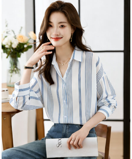 실사 외국 가스 봄 가을 새로운 여성 의류 폴로 칼라 스트라이프 쉬폰 블라우스 맨위 오픈 가디건 셔츠 기본 셔츠 셔츠