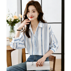 批发实拍洋气春秋新款女装翻领条纹<b class='q'>雪纺</b><b class='q'>衫</b>上衣开衫<b class='q'>衬衫</b>打底衫<b class='q'>衬衣</b>