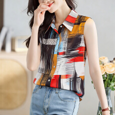 批发实拍洋气夏季新款花色坎肩背心女外穿衬衫<b class='q'>无袖</b>雪纺打底衫内搭上衣