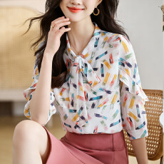 批发实拍洋气<b class='q'>雪纺</b><b class='q'>衫</b>衬衫女七分袖夏装新款花色短袖打底衫小衫<b class='q'>韩版</b>上衣