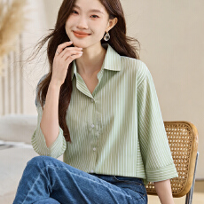 批发实拍大码宽松夏季新款女装五分袖翻领条纹雪纺开衫衬衫打底衫衬衣