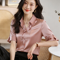 批发实拍洋气缎面仿<b class='q'>真丝</b><b class='q'>衬衫</b>女夏装新款纯色短袖打底小衫韩版翻领上衣