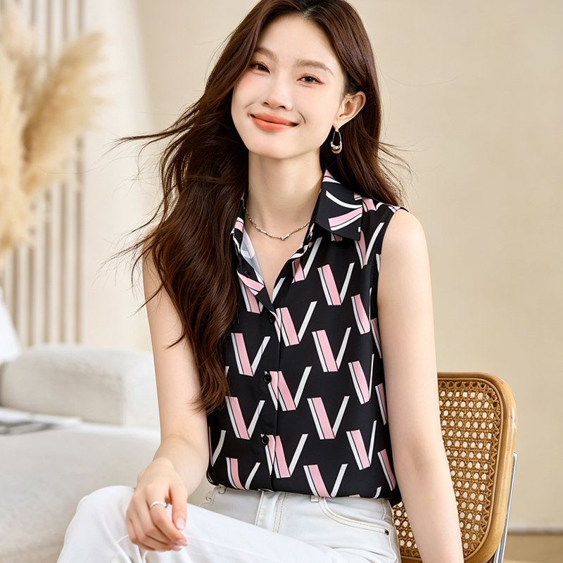 실사 외국 가스 프린트 여름 어깨 조끼 여성 외출용 셔츠 민소매 쉬폰 인사이드 잡아라. 의류 기본 셔츠