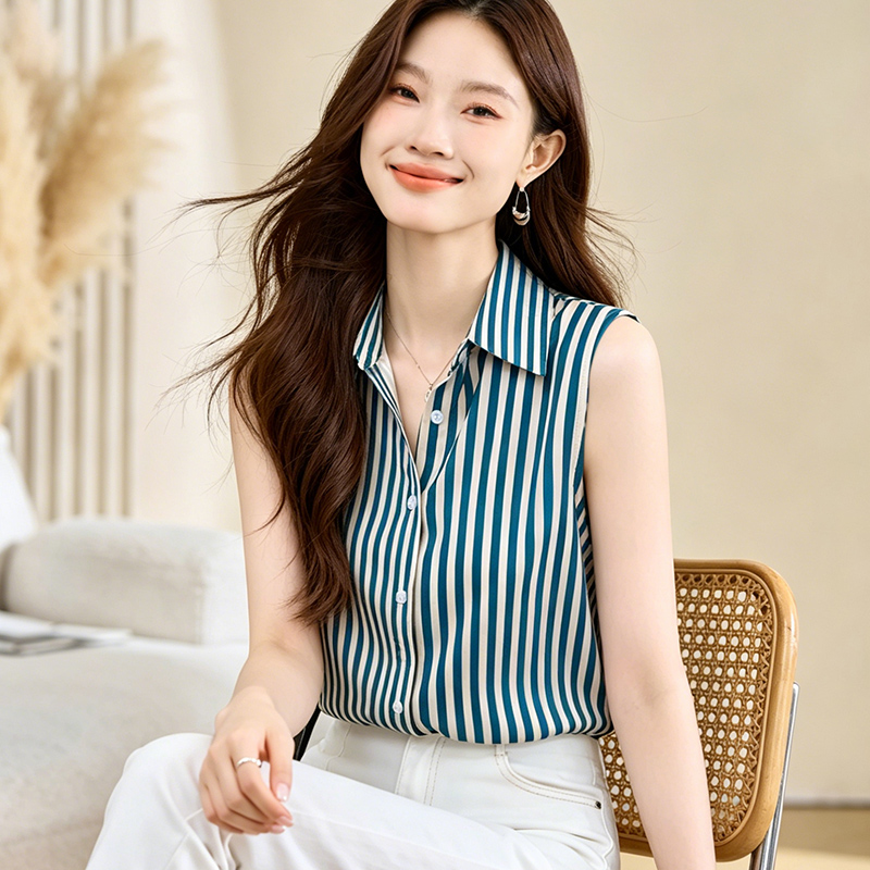 실사 외국 가스 스트라이프 여름 어깨 조끼 여성 외출용 셔츠 민소매 쉬폰 인사이드 잡아라. 의류 기본 셔츠