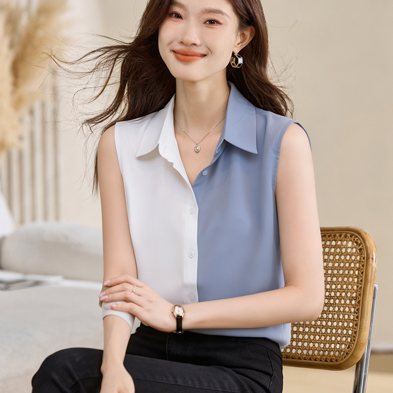 실사 외국 가스 패치워크 여름 어깨 조끼 여성 외출용 셔츠 민소매 쉬폰 인사이드 잡아라. 의류 기본 셔츠