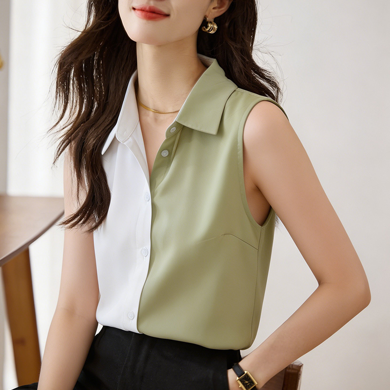실사 외국 가스 패치워크 여름 어깨 조끼 여성 외출용 셔츠 민소매 쉬폰 인사이드 잡아라. 의류 기본 셔츠